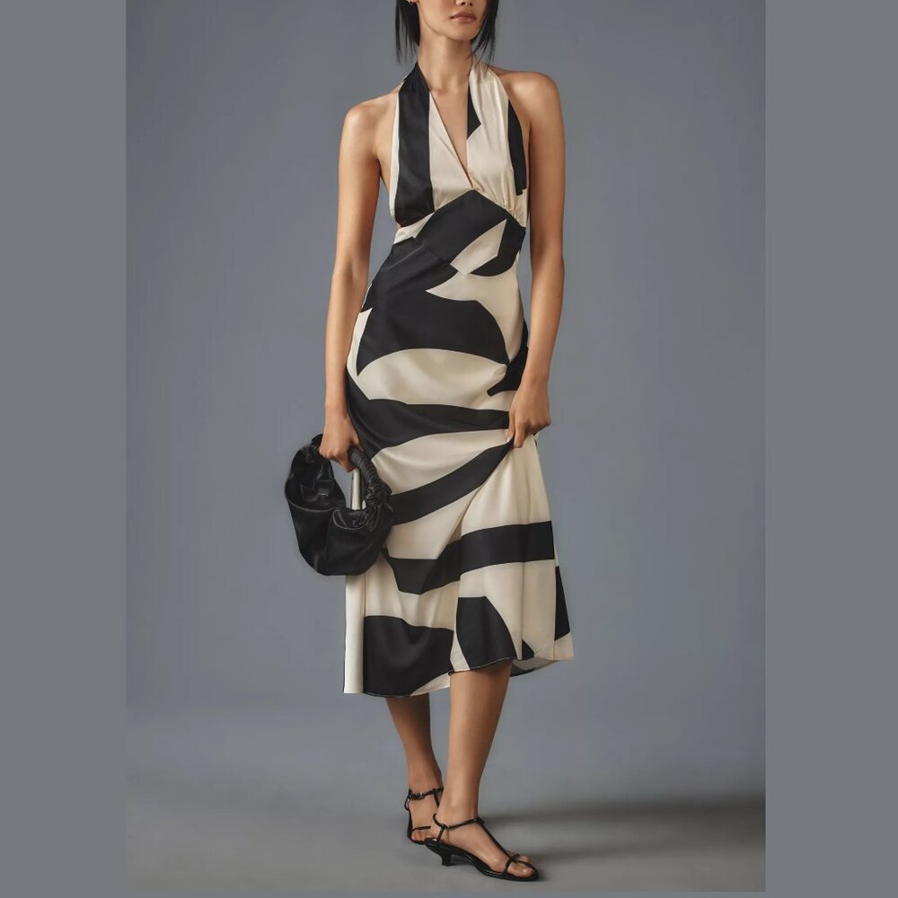 Anthropologie Bardot Citron Halter Midi Dress Black White Size 8